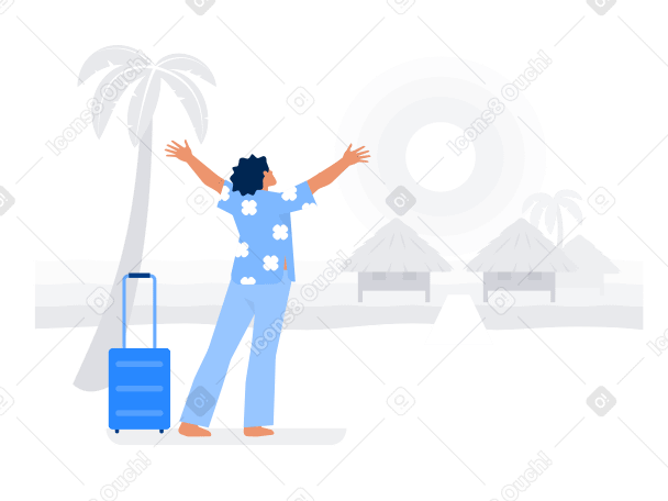 身穿夏威夷衬衫的男人，带着手提箱，背景是海洋、棕榈树和海滨别墅 PNG, SVG