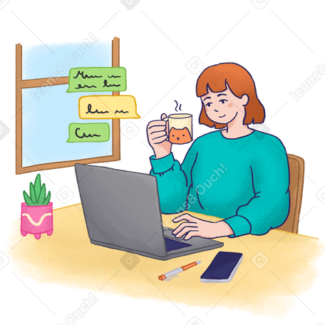 Молодая женщина работает на ноутбуке в PNG, SVG