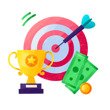Target with money and a gold cup as the visualization of success Illustration in PNG, SVG