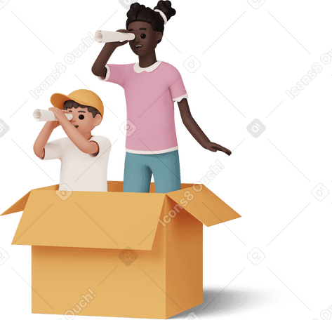 3D boy and girl in box looking into a paper tube PNG, SVG