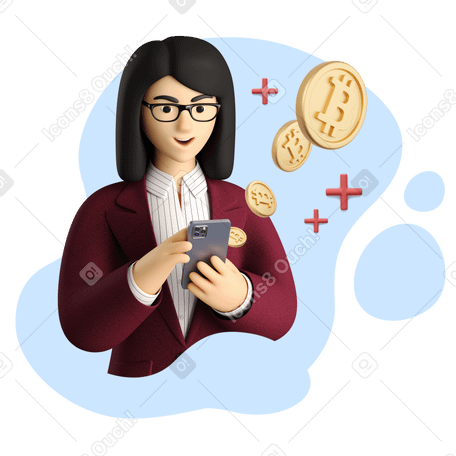 3D Businesswoman getting bitcoin profit Illustration in PNG, SVG