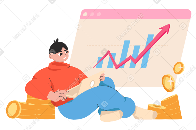 Man with a laptop looking at a graph of investment growth animated illustration in GIF, Lottie (JSON), AE