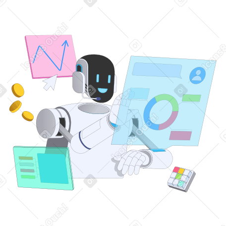 Illustration animée Robo-conseiller travaillant sur écran holographique aux formats GIF, Lottie (JSON) et AE