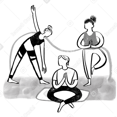 Black and white three people doing yoga PNG, SVG