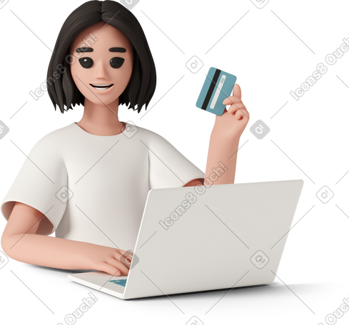 3D 有膝上型计算机和信用卡的年轻微笑的妇女 PNG, SVG