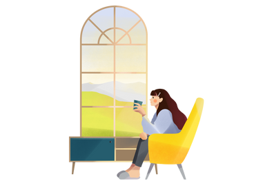 A girl with a mug in her hands sits by the window with a summer landscape PNG, SVG
