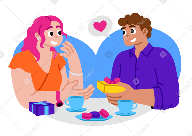 Illustration animée Jeune homme et femme s'offrant des cadeaux lors d'un rendez-vous aux formats GIF, Lottie (JSON) et AE