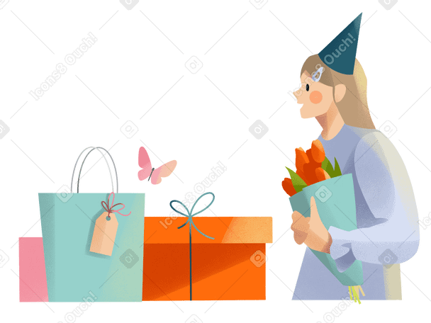 Girl receives gifts for her birthday or some other holiday Illustration in PNG, SVG