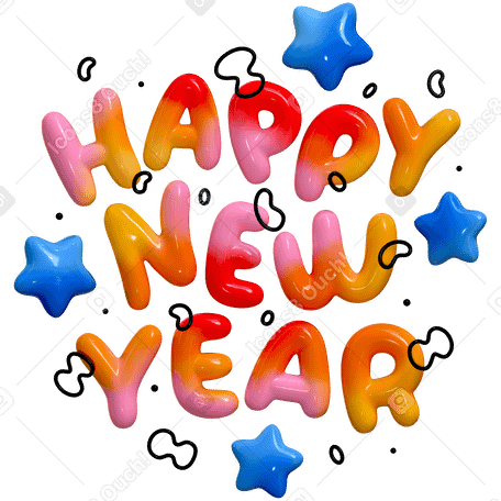Letras 3d feliz año nuevo con estrellas y garabatos. PNG, SVG