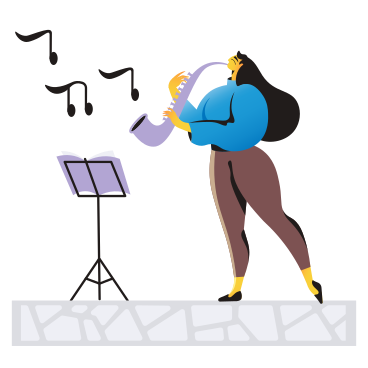 Woman playing saxophone with lead sheet PNG, SVG