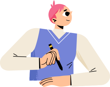 young man holds a pen and looks up PNG, SVG