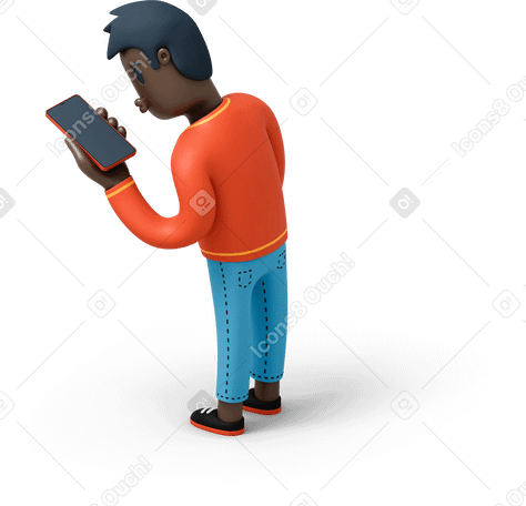 3D Back view of a black man with smartphone Illustration in PNG, SVG