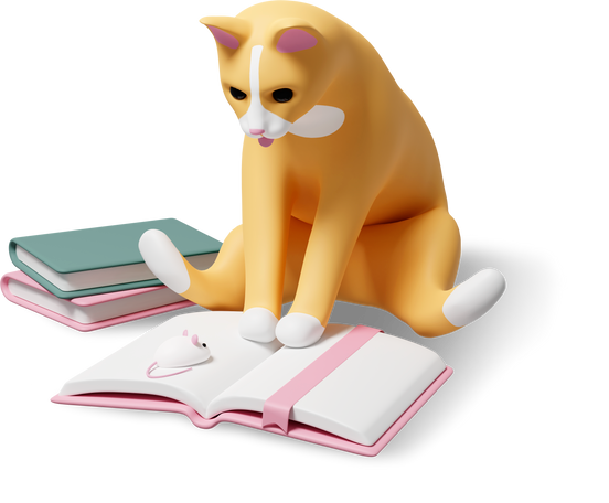 3D cat with books and mouse PNG, SVG
