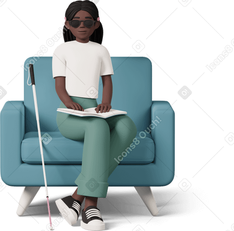 3D blind girl sitting on sofa and reading book Illustration in PNG, SVG