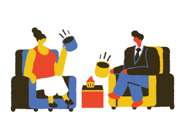 Un uomo e una donna conversano davanti a una tazza di caffè PNG, SVG