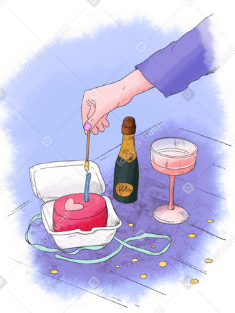 Festive table with a small cake and champagne PNG, SVG