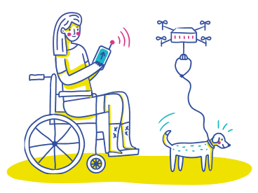 Woman in a wheelchair remotely controls a drone walks a dog PNG, SVG