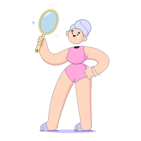 Woman in home clothes looks in a mirror Illustration in PNG, SVG