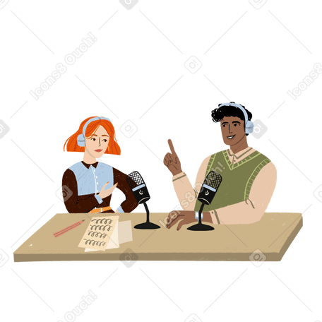 Man and woman talking on a podcast  PNG, SVG