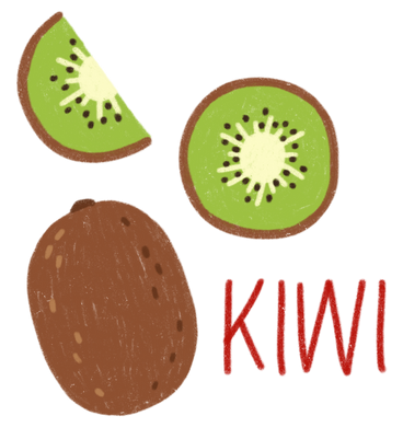 Kiwi, kiwihälfte und kiwischeibe mit schriftzug PNG, SVG