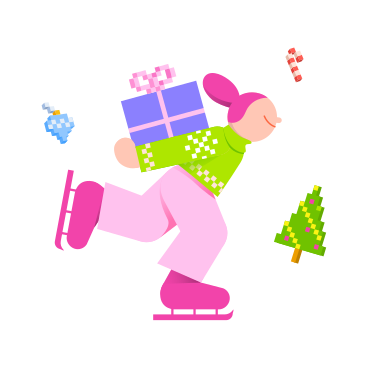 Woman ice skating with a gift animated illustration in GIF, Lottie (JSON), AE
