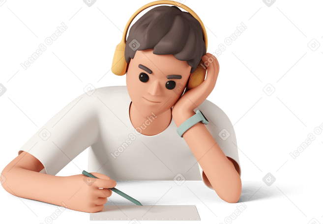 3D man in headphones taking notes  Illustration in PNG, SVG