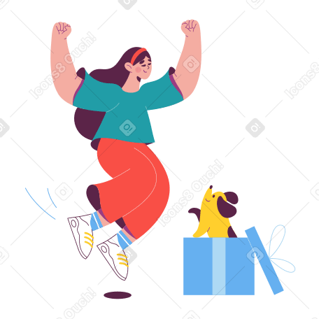 Girl is happy with a dog in a gift box PNG, SVG