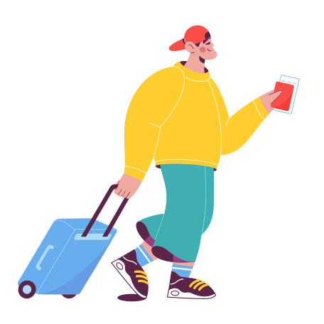 Man is going on a trip with a suitcase and a passport Illustration in PNG, SVG