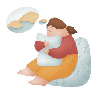 Woman sits hugging a pillow and thinking about improving her health PNG, SVG