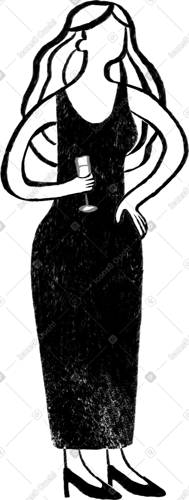 Black and white woman in a dress standing with her hand on her hip and a chapagne glass PNG, SVG