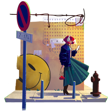 Young woman walking down the street and texting PNG, SVG