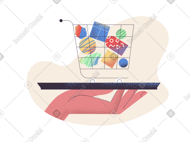 Hand holding shopping cart with goods PNG, SVG