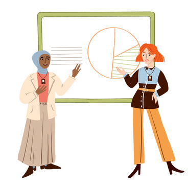 Two girls presenting with graph on board PNG, SVG