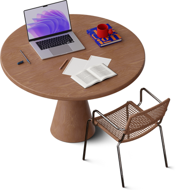 Isometric view of laptop and notes on kitchen table в PNG, SVG