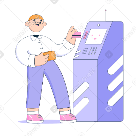 Illustration L'homme met la carte dans le distributeur automatique de billets aux formats PNG, SVG