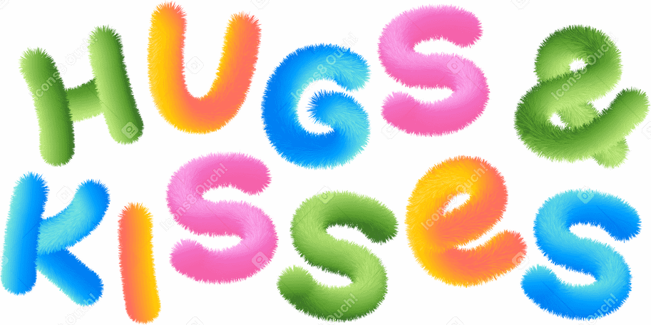 lettering hugs and kisses in multicolored style text в PNG, SVG