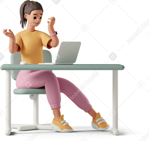 3D excited young woman sitting at desk and looking at laptop screen PNG, SVG