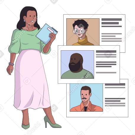 Woman recruiter choosing an employee from list of candidates Illustration in PNG, SVG