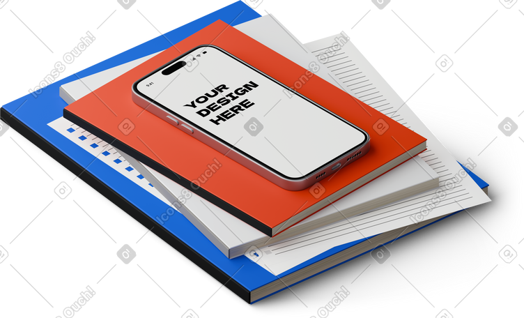 3D isometric view of smartphone mockup lying on a pile of books PNG, SVG