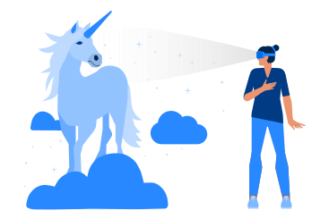 Woman in vr headset seeing a unicorn PNG, SVG