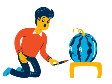 Excited man injecting gmo into a watermelon PNG, SVG