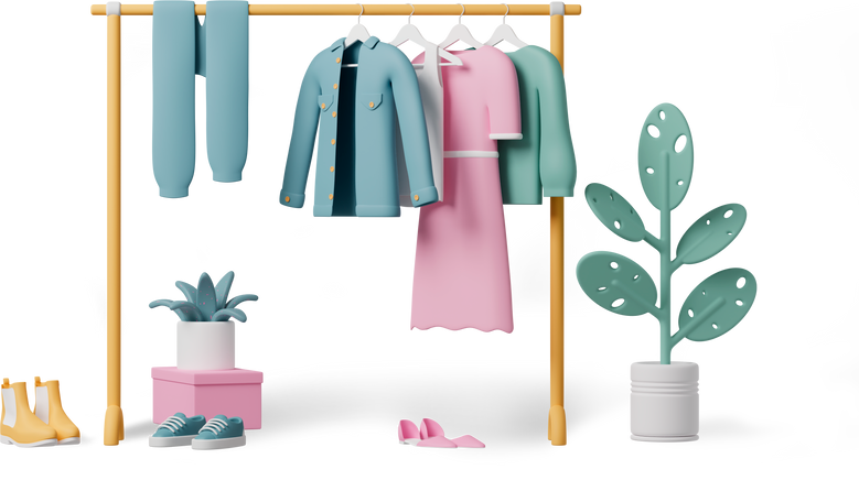 3D hanger with clothes surrounded by plants and shoes Illustration in PNG, SVG