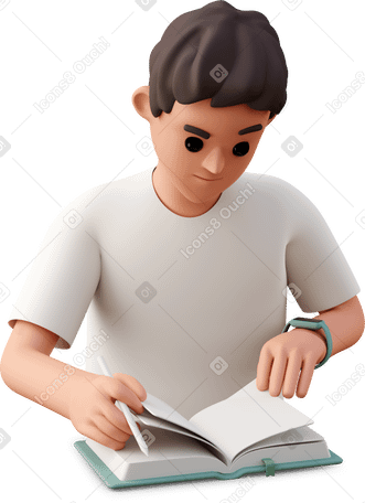 3D young man reading book and holding pen PNG, SVG