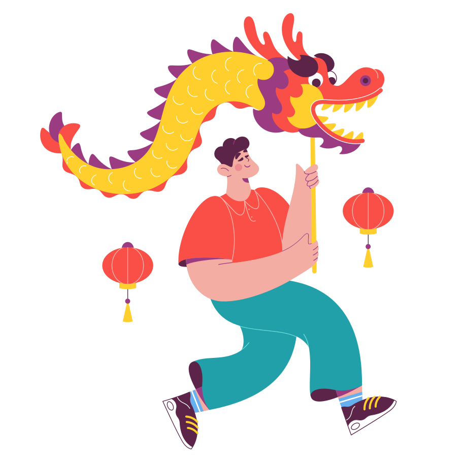 Man celebrates Chinese New Year with an air dragon Illustration in PNG, SVG