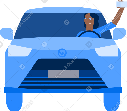 улыбающаяся женщина за рулем автомобиля держит свои права в одной руке в PNG, SVG