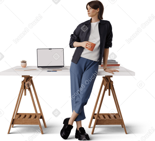 3D young woman with cup in hand leaning on table PNG, SVG