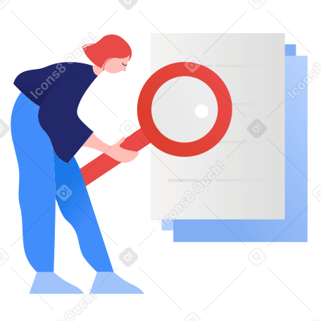 Woman searching through files with magnifier PNG, SVG