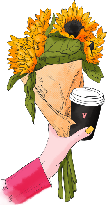 Hand holds coffee and a bouquet of flowers with a sunflower PNG、SVG