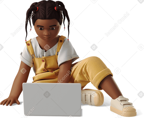 3D little girl looking at laptop PNG, SVG