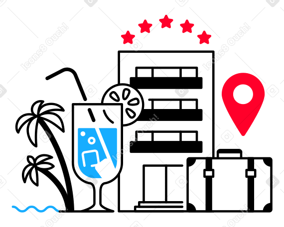 Five-star hotel building with cocktail and suitcase Illustration in PNG, SVG